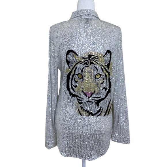 A.Z.I New York Womens Top Embellished Tiger Silver Sequin Button-Up Size S - Picture 1 of 8